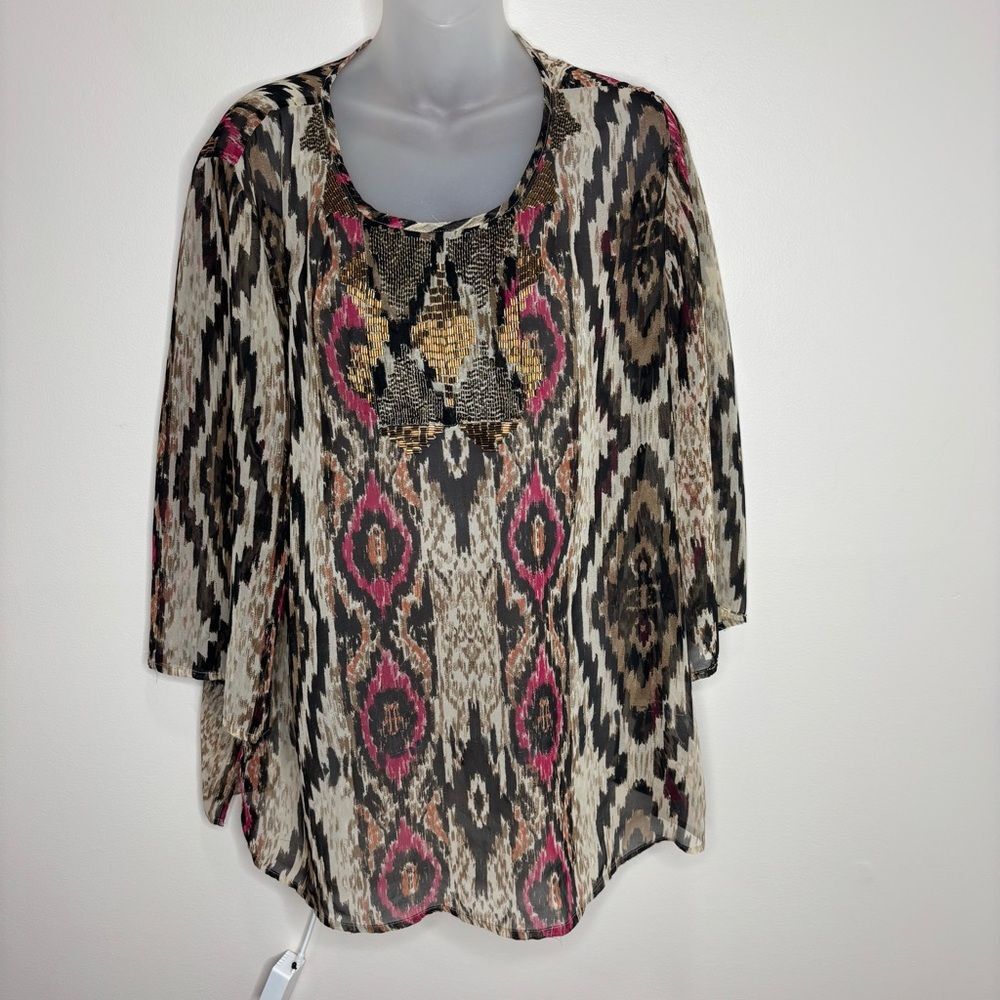 Chicos 3 Womens XL Tunic Blouse Multicolor Paisley Long Sleeve Chiffon Top beads